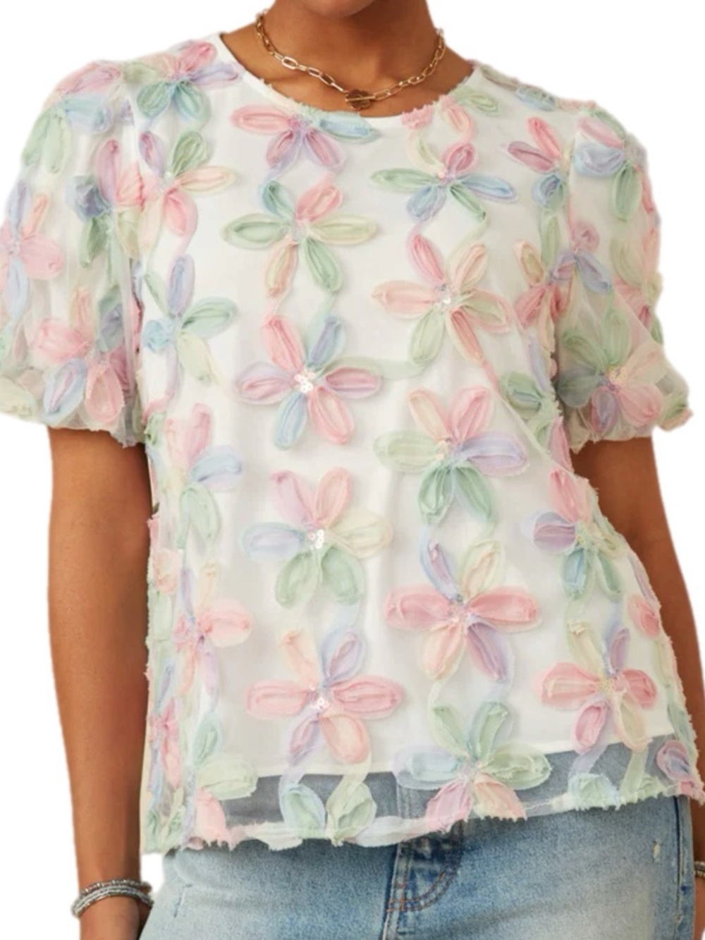 Umgee Pastel Floral Appliqué Sheer Sequin Blouse